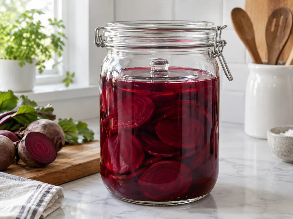 Beet slices submerged under brine in a clean glass fermentation jar.