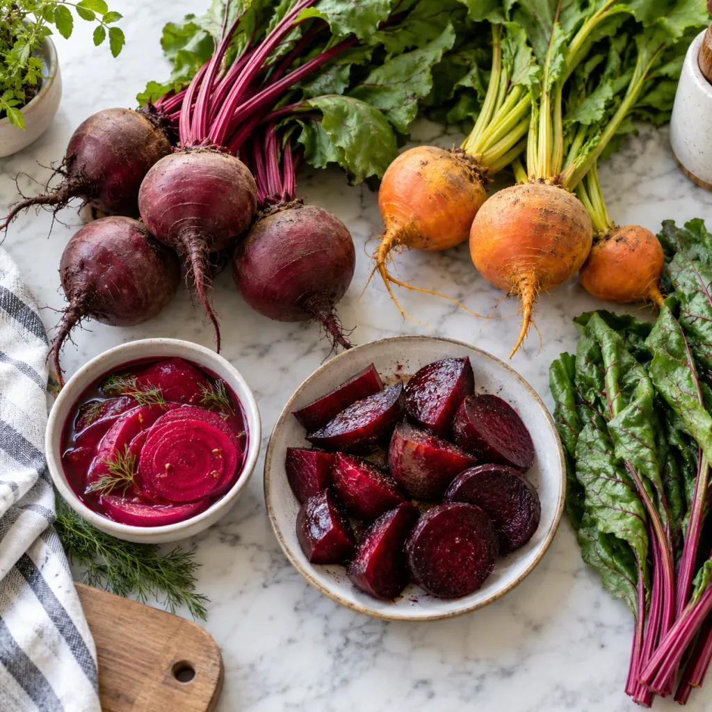 Fresh beets, beet greens, and fermented beet slices arranged on a kitchen surface.