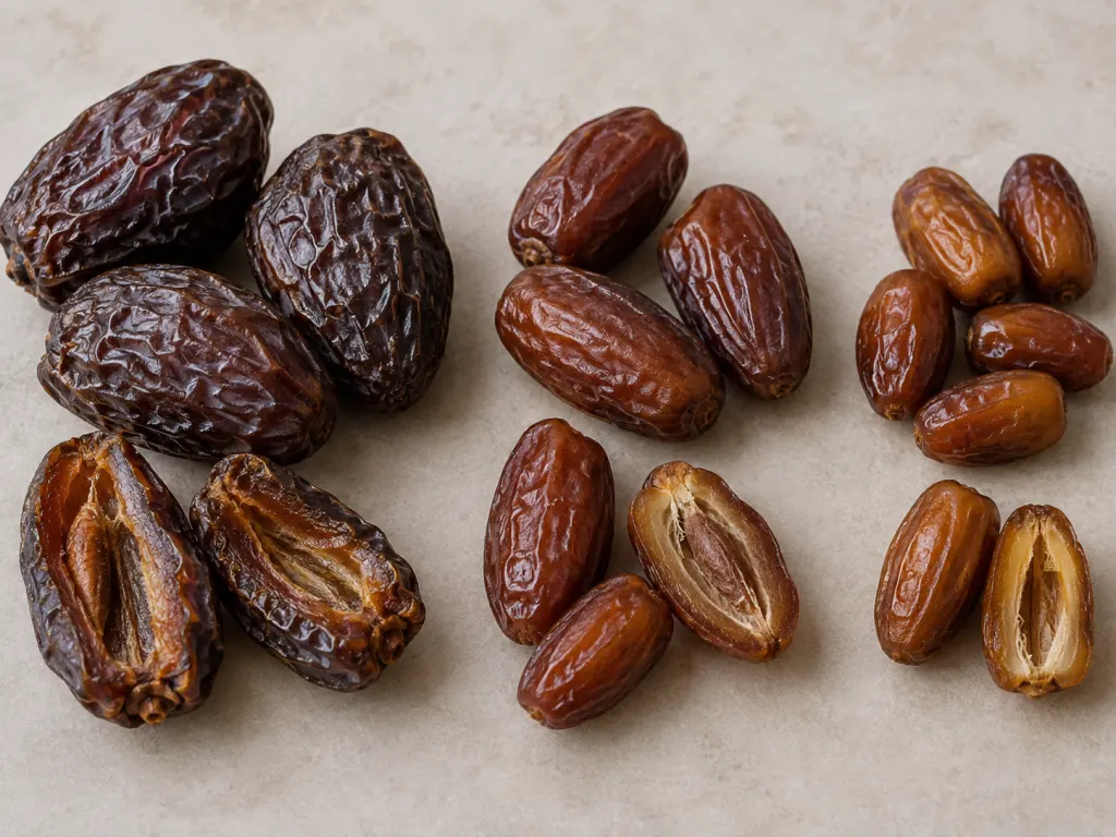 Several varieties of dates arranged to show their size, color, and texture.