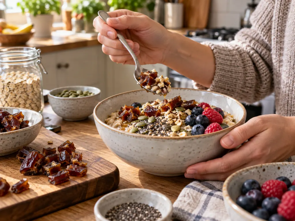 Chopped dates being added to oatmeal with seeds and berries.