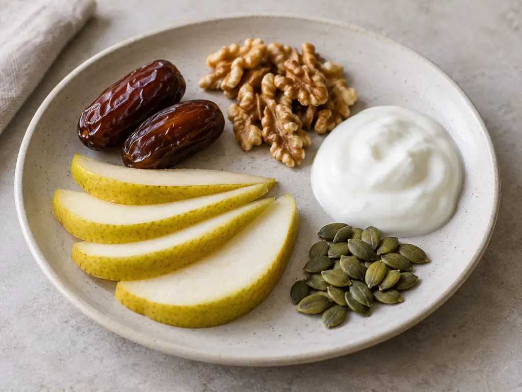 A balanced snack plate with dates, walnuts, yogurt, pear slices, and seeds.