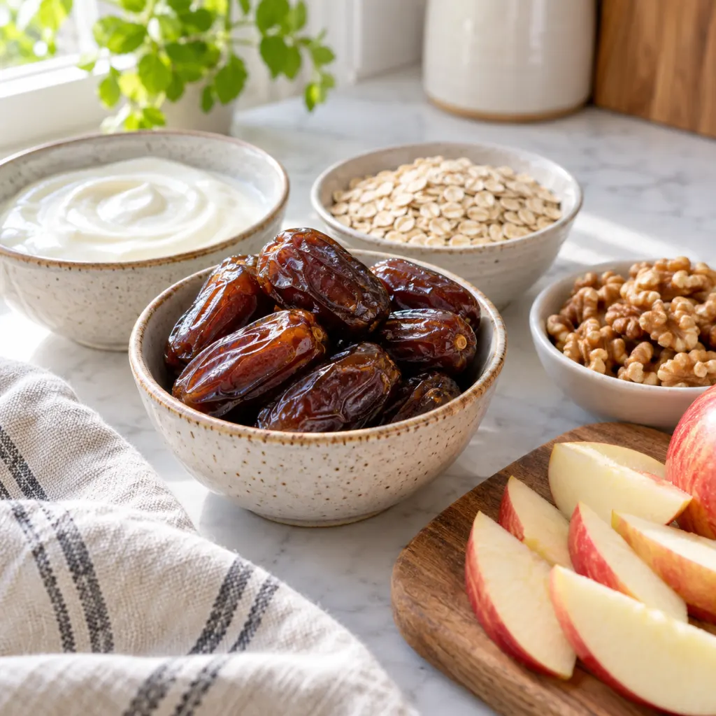A bowl of dates with yogurt, oats, walnuts, and apple slices on a kitchen counter.