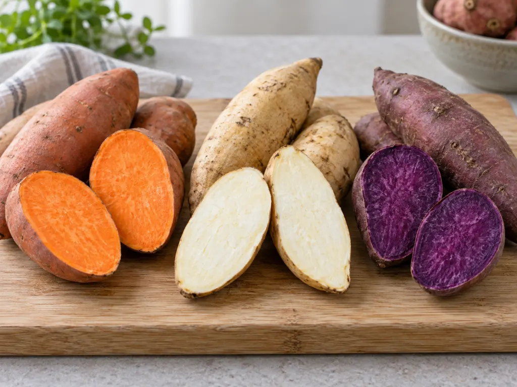 Different sweet potato varieties cut open to show orange, white, and purple flesh.