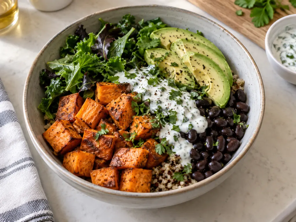 A savory bowl with roasted sweet potatoes, beans, greens, avocado, and yogurt sauce.