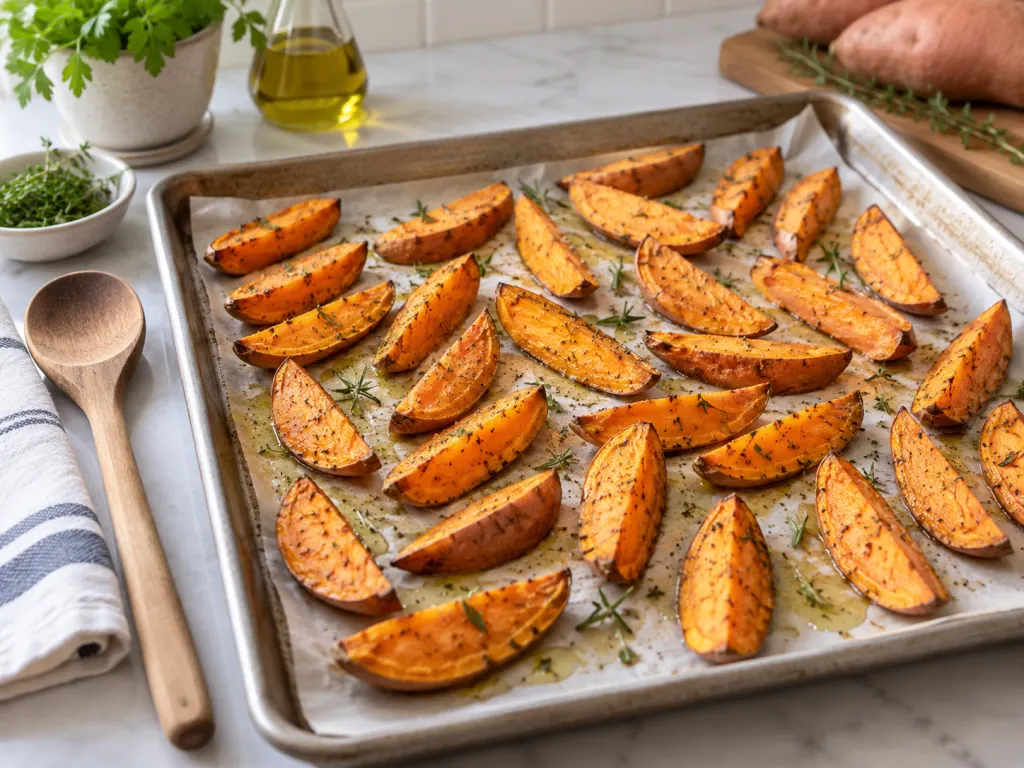 Sweet potato wedges arranged on a baking sheet with herbs before roasting.