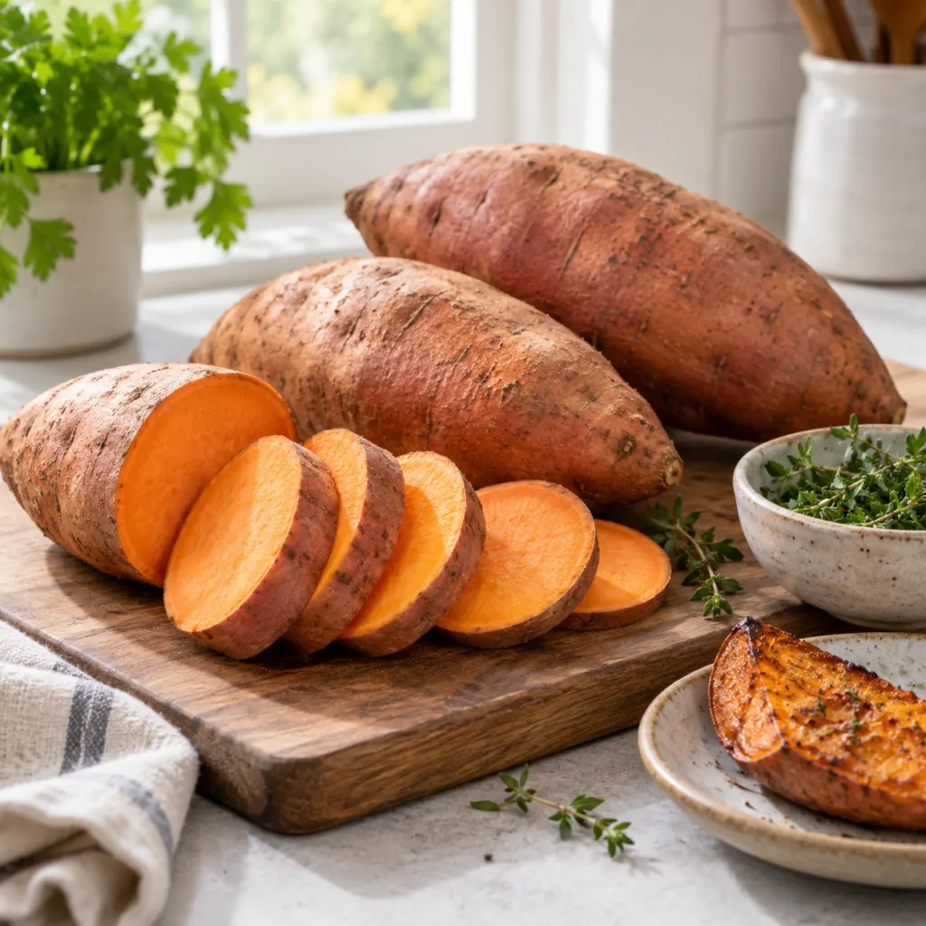 Whole and sliced sweet potatoes arranged on a clean kitchen surface.