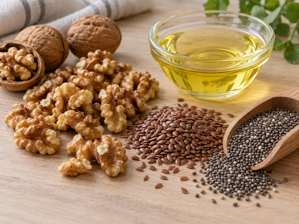 Walnut halves arranged with other plant sources of omega-3 ALA on a wooden surface.