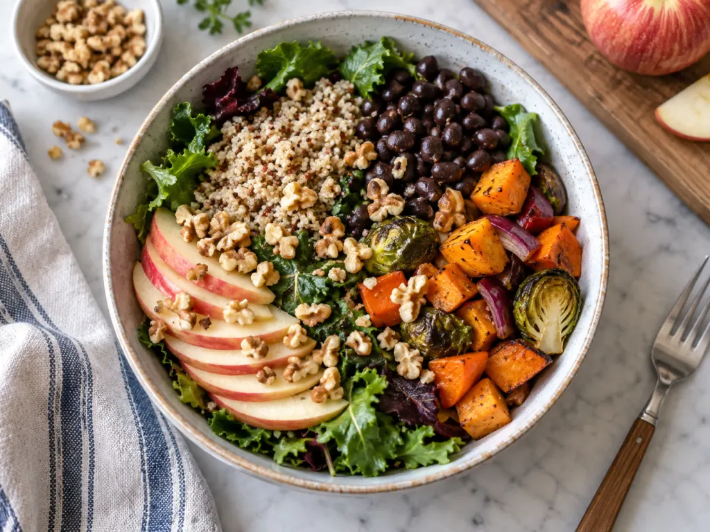 A balanced grain and vegetable bowl topped with chopped walnuts.