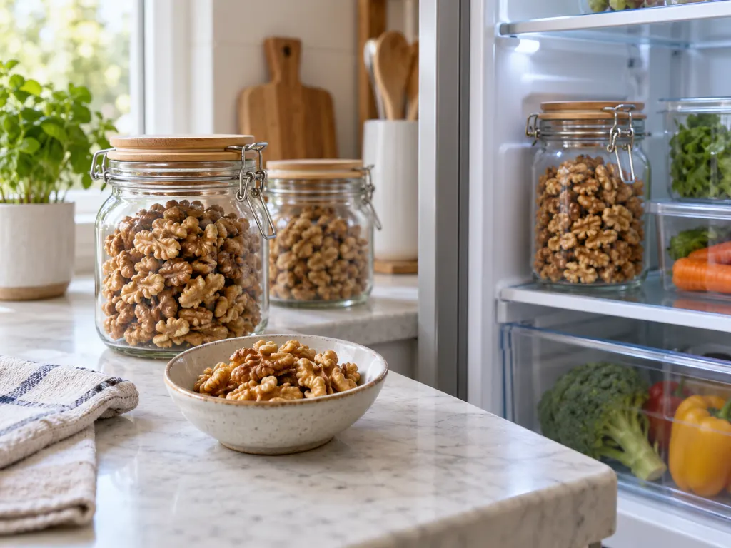 A small serving of walnuts with sealed storage jars near a refrigerator shelf.