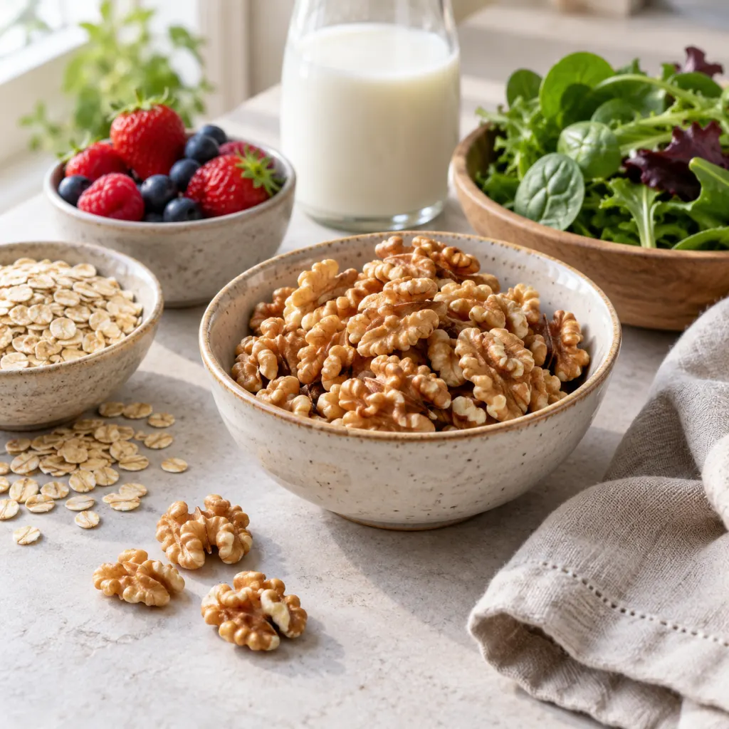 A bowl of walnut halves with oats, berries, and greens on a clean kitchen surface.