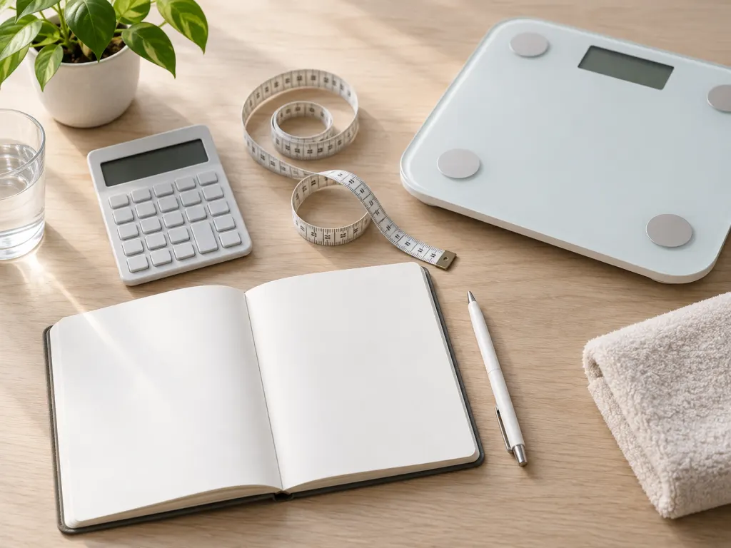 Notebook, calculator, measuring tape, and scale arranged for a BMI calculation.