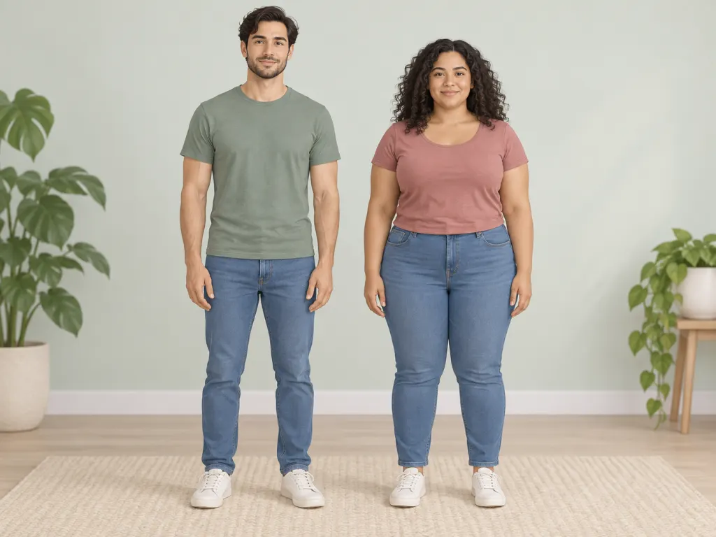 Two adults of the same height with different body builds shown in a respectful illustration.