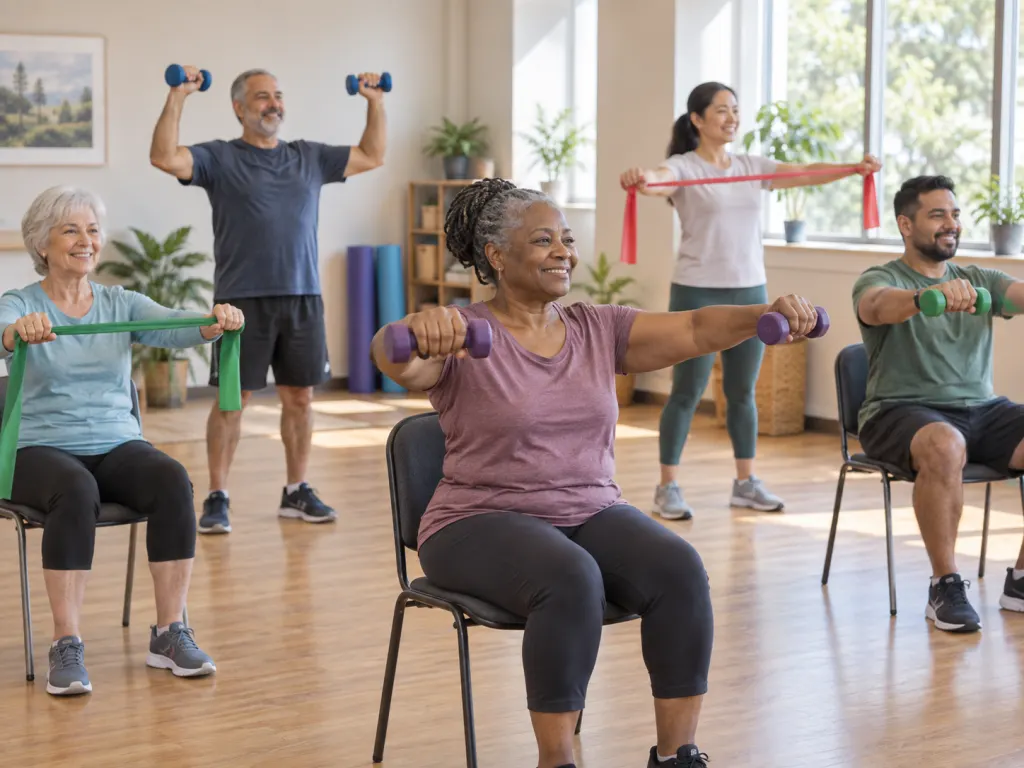Adults doing gentle strength and mobility exercises with light weights and bands.