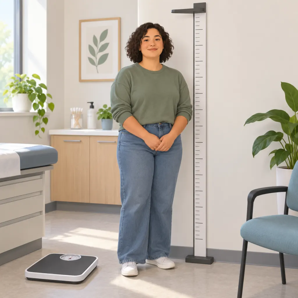 Calm illustration of an adult, a height chart, and a scale representing weight assessment.