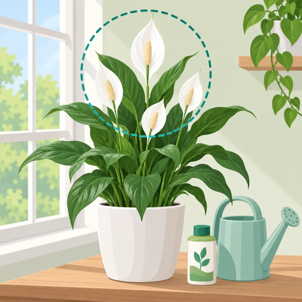 A blooming peace lily in bright indirect light with basic care items nearby.