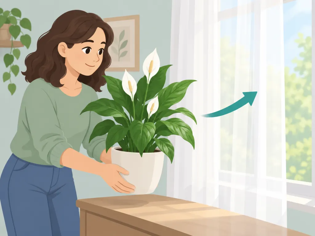 A person placing a peace lily near bright indirect light.