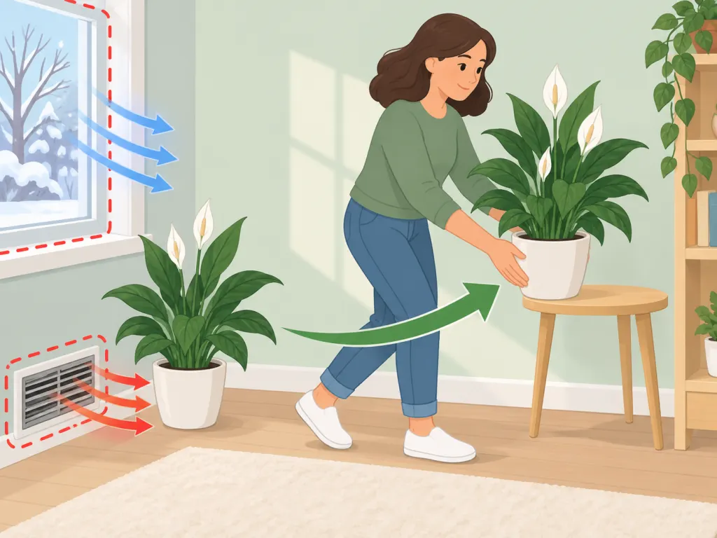 A peace lily placed away from drafts and heating vents.