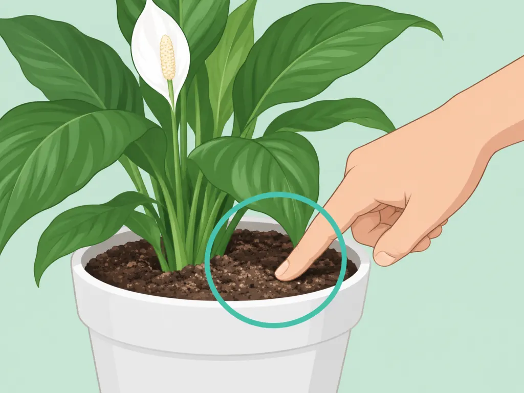 A hand checking peace lily soil before watering.