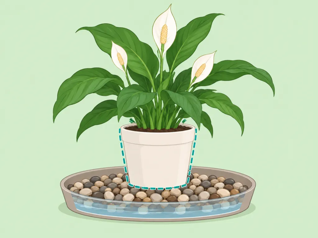 A peace lily on a pebble tray for added humidity.