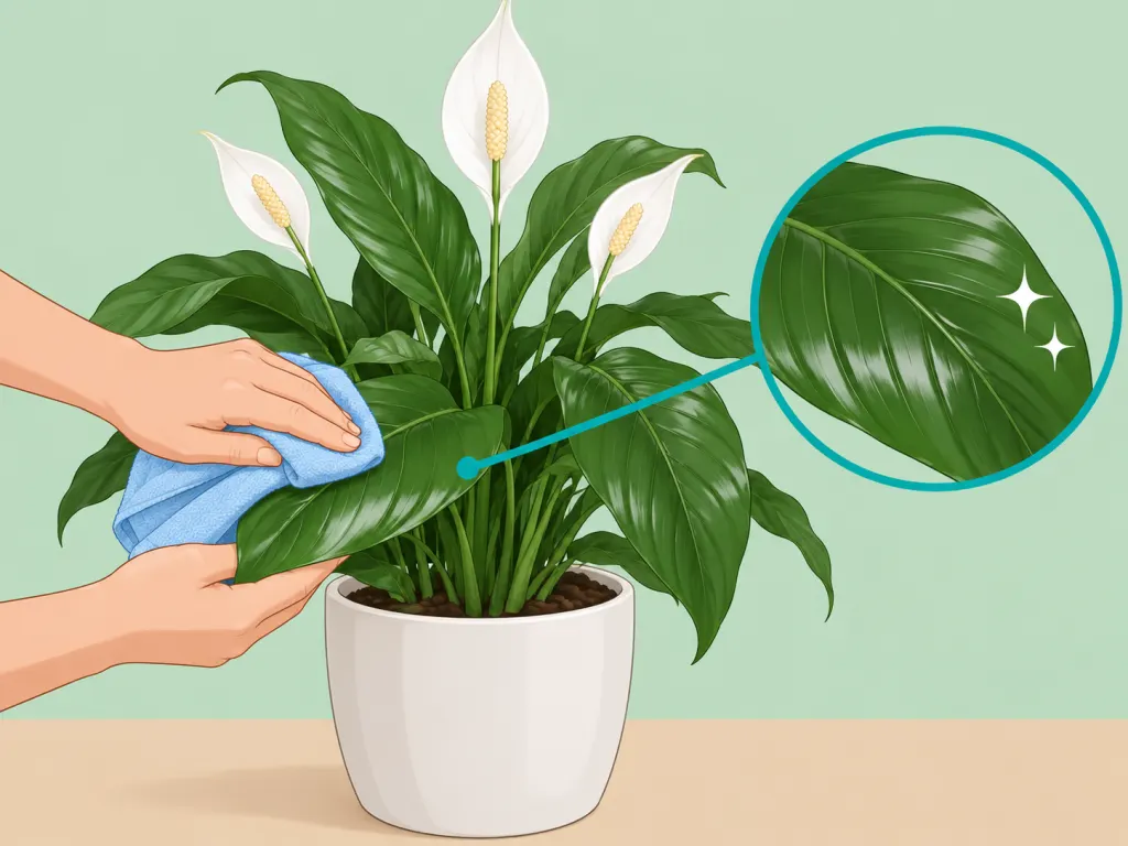 A hand cleaning peace lily leaves with a damp cloth.