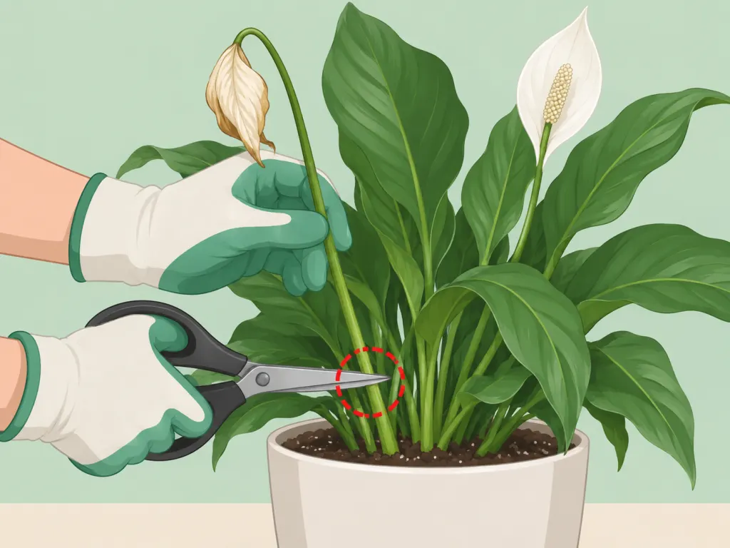 Gloved hands cutting a spent peace lily flower stalk at the base.