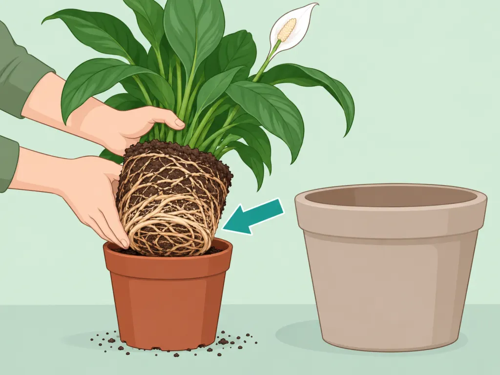 A peace lily being checked for crowded roots before repotting.