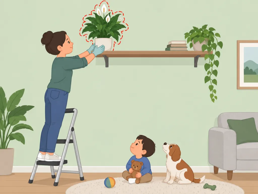 A peace lily placed safely out of reach while a person wears gloves.
