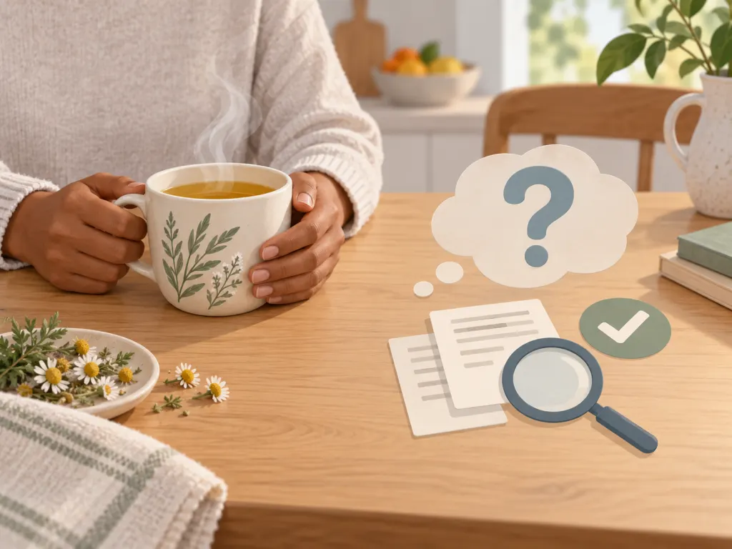 An illustrated kitchen table scene connecting herbal tea with careful evidence checking.