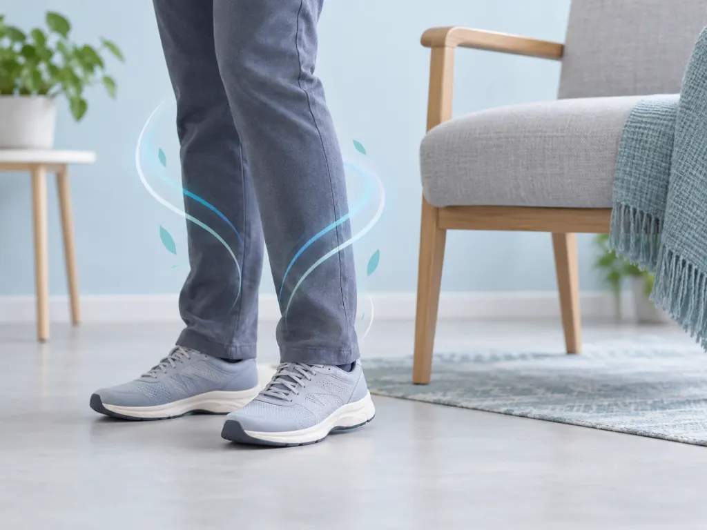 A calm illustration of legs and abstract circulation cues in an everyday setting.