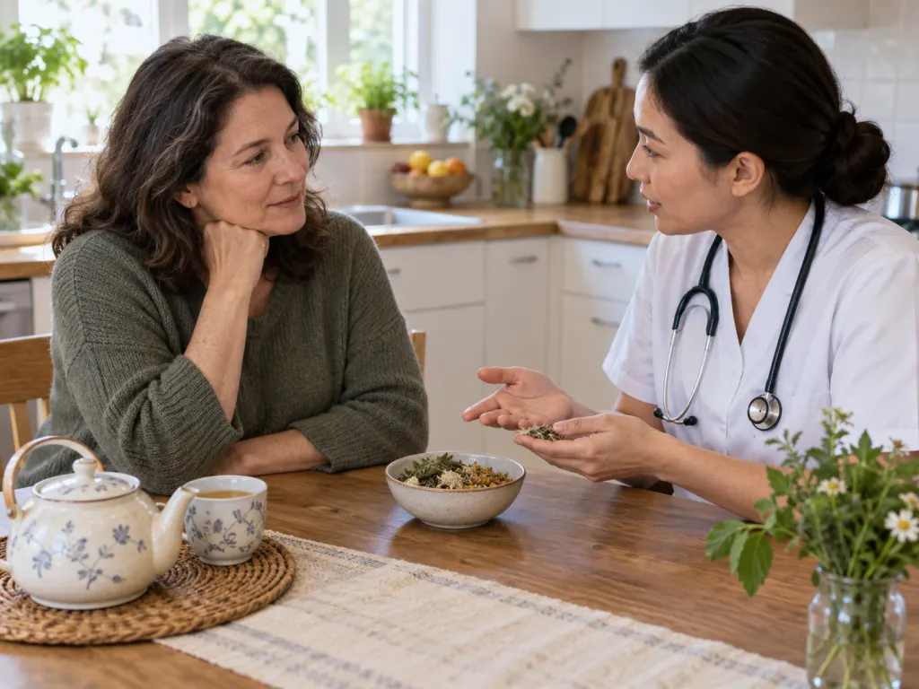 An adult calmly discussing herbal tea ingredients with a health professional.