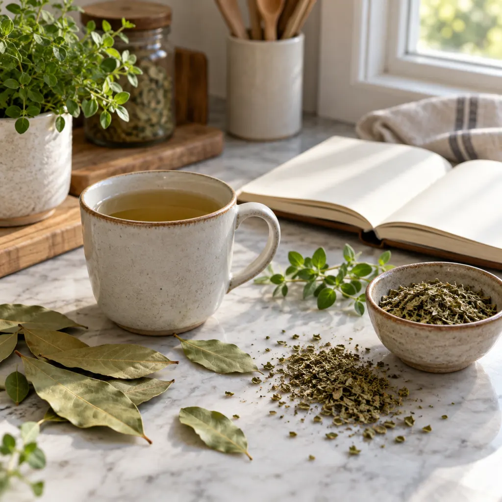 A mug of herbal tea beside loose kitchen herbs on a quiet countertop.