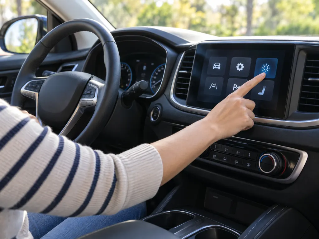 Driver reviewing vehicle settings on a parked car infotainment screen