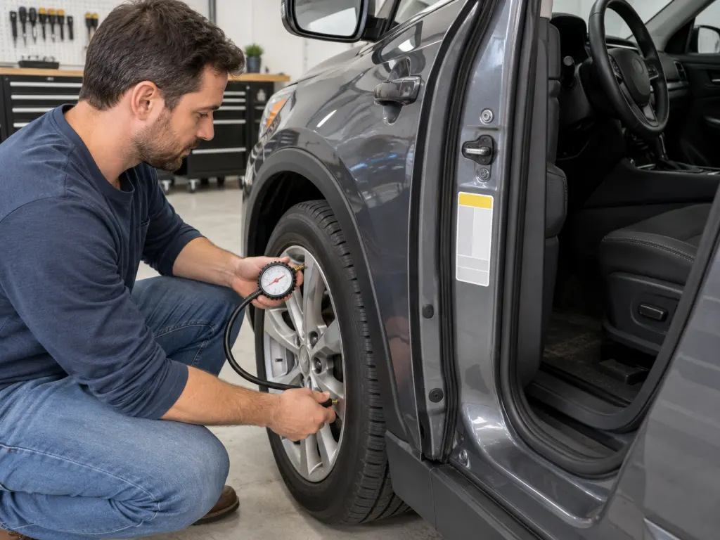 Driver door placard area, tire pressure gauge, and tire prepared for a pressure check