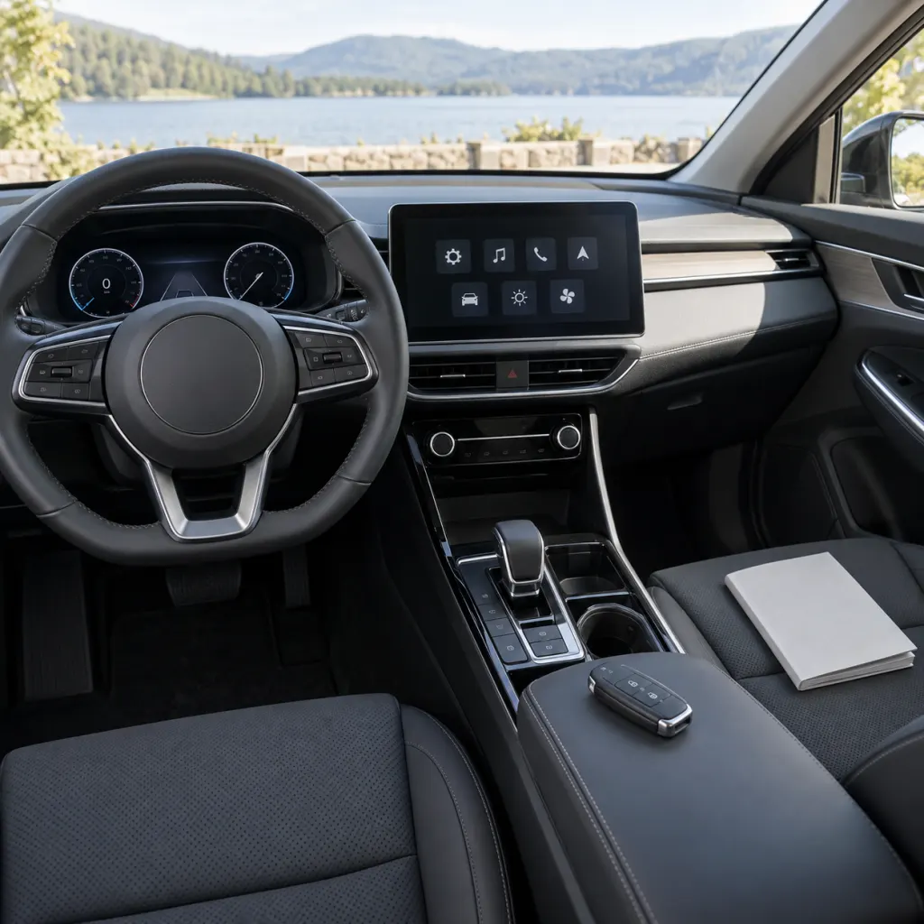 Modern car interior with dashboard controls, key fob, and owner manual ready for a feature check