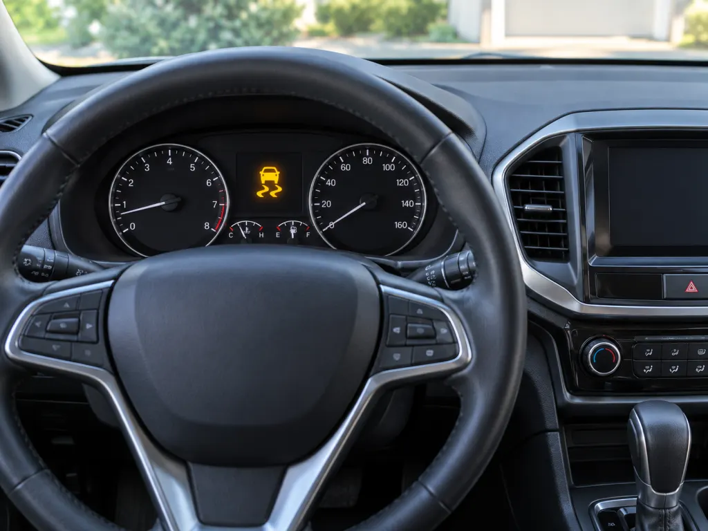 Car dashboard and steering wheel with a stability control indicator area visible