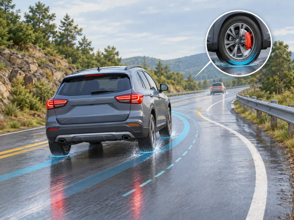 Illustration of a car on a wet curve showing how stability control helps maintain direction