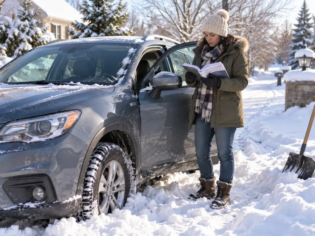 Car lightly stuck in snow while a driver checks the owner manual beside it