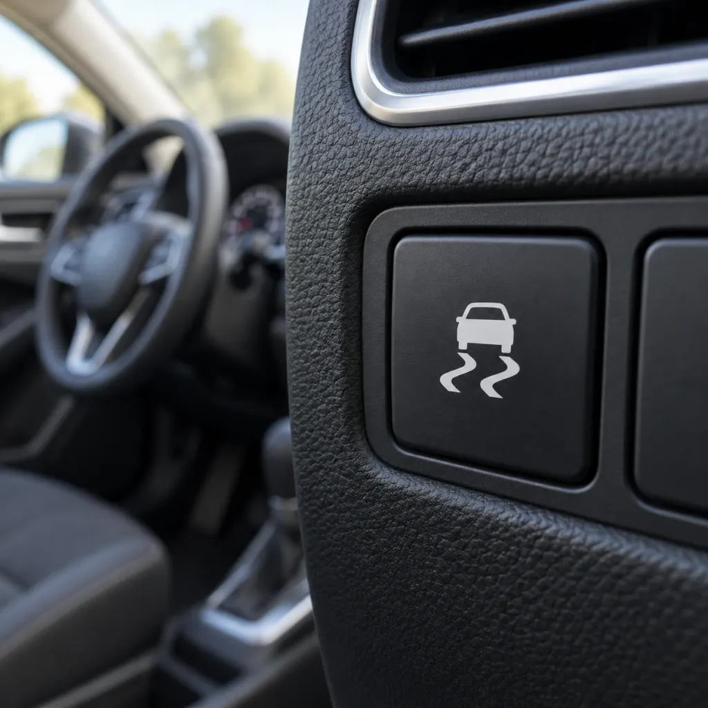 Close-up of a generic stability control dashboard button in a car interior
