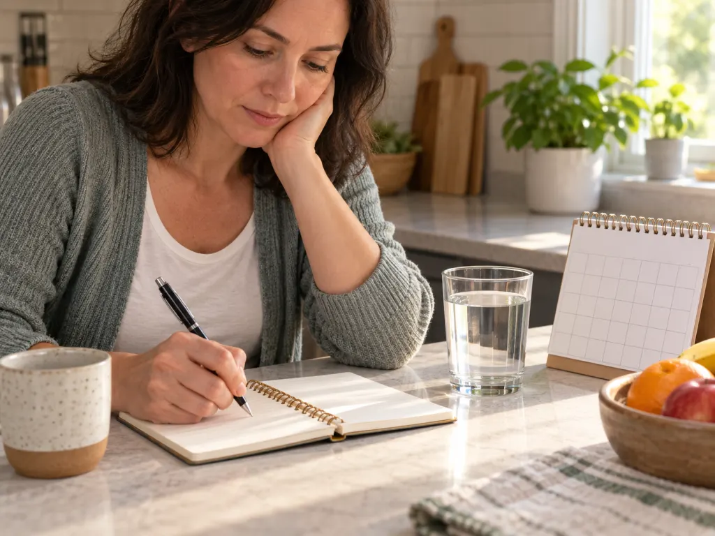 A person calmly writing symptom notes beside a glass of water.