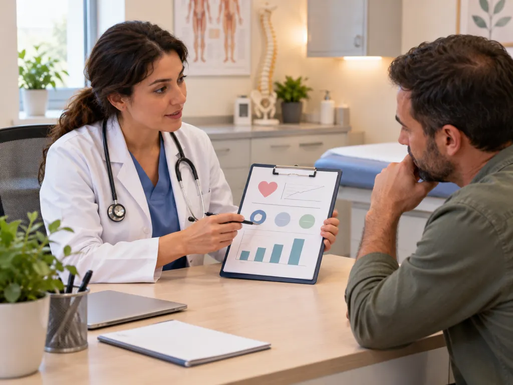 A clinician and patient discussing health information in a calm clinic room.