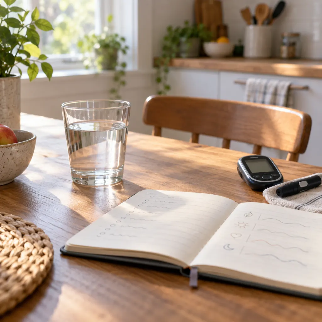 A glass of water, notebook, and glucose meter on a calm kitchen table.
