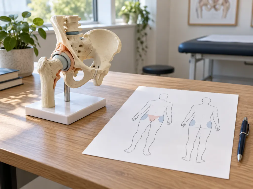 Desk scene with a hip model and a neutral body outline showing hip pain locations.