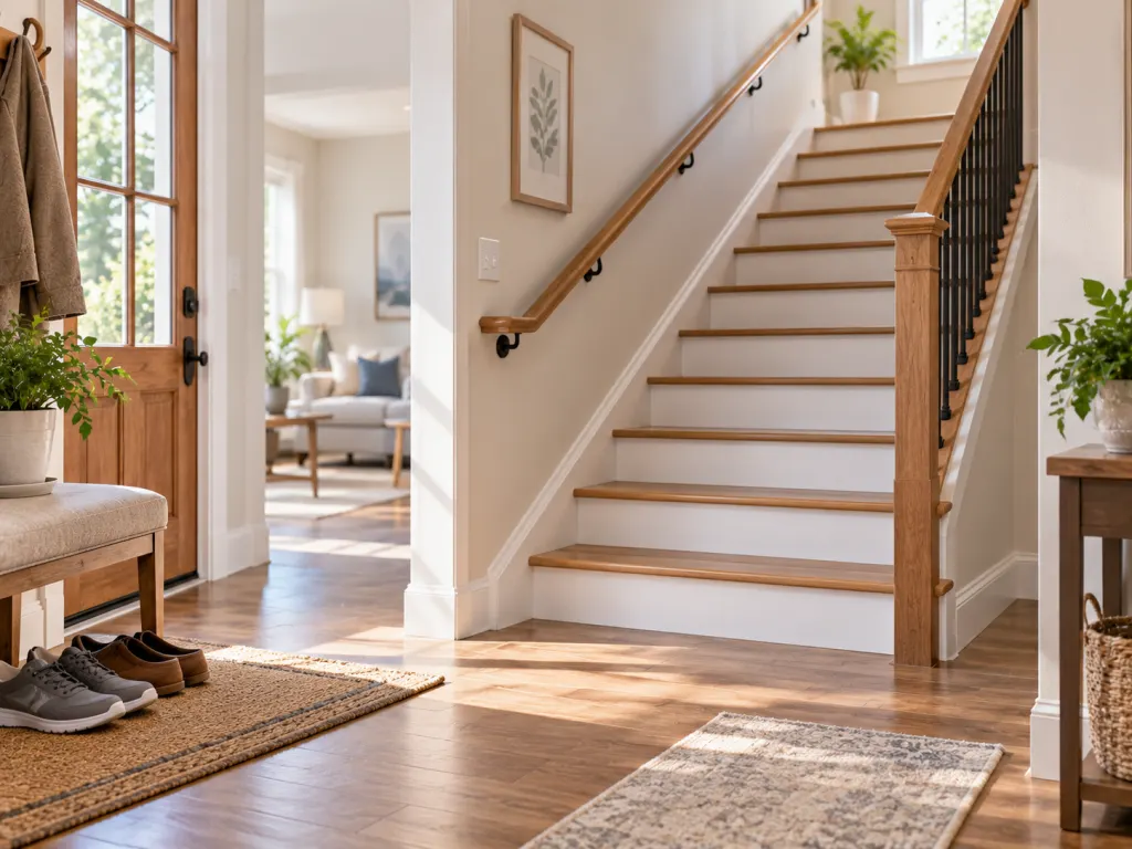 Clear, well-lit home entry with stair railings and supportive shoes illustrating fall-risk awareness.