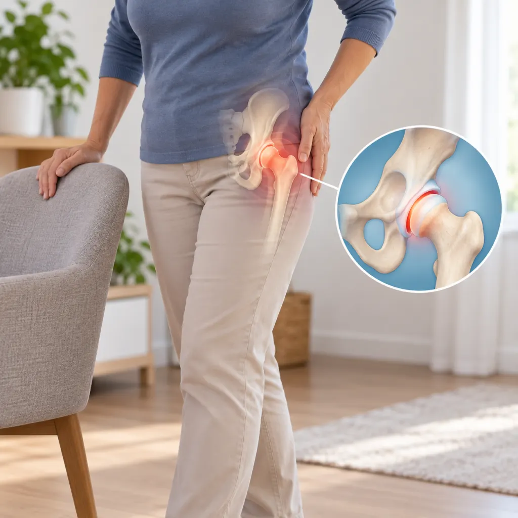 Illustration of an adult indicating the hip area beside a chair with a subtle hip joint overlay.
