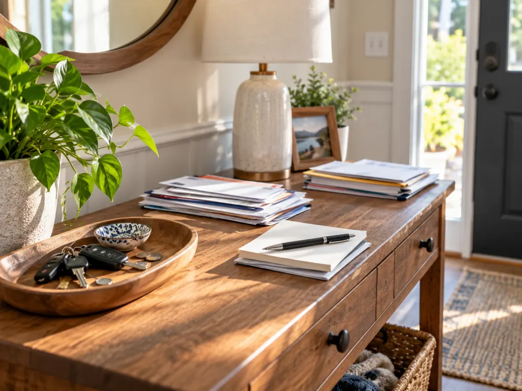 An entry table with keys, mail, a tray, and sorted paper piles in natural light.
