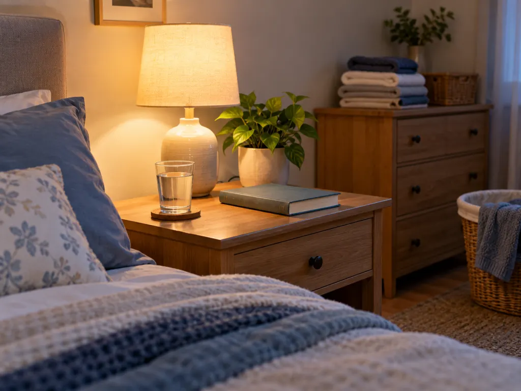 A restful bedroom with a clear bedside table, water glass, book, lamp, and folded laundry nearby.