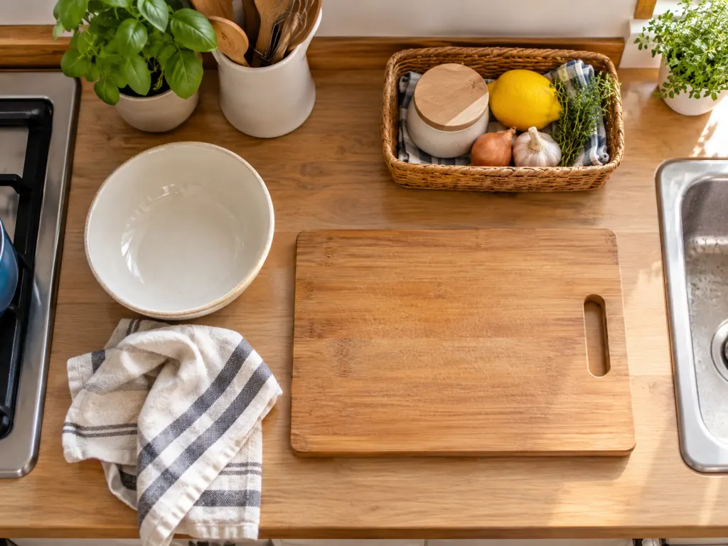 A kitchen counter with a clear cutting board, bowl, towel, and small basket for loose items.