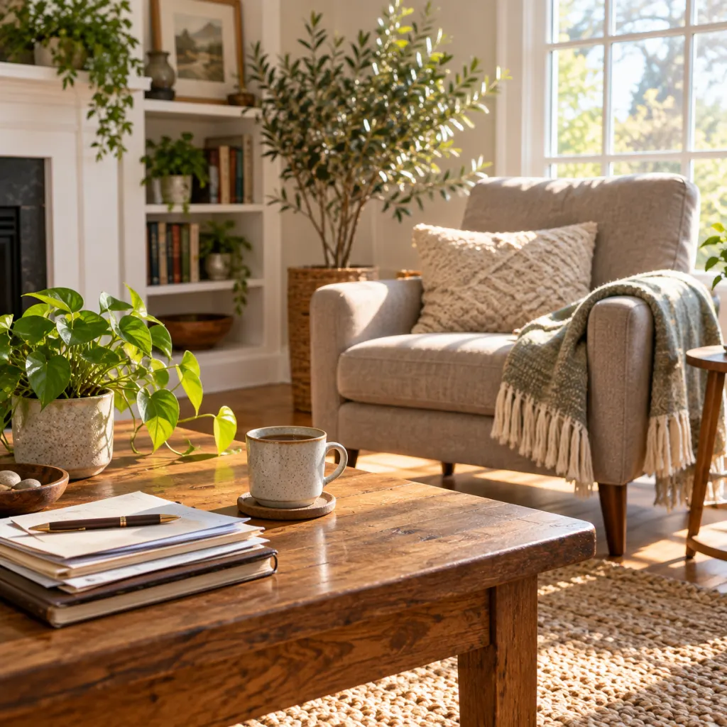 A calm lived-in living room with one clear chair, papers, a mug, and soft morning light.