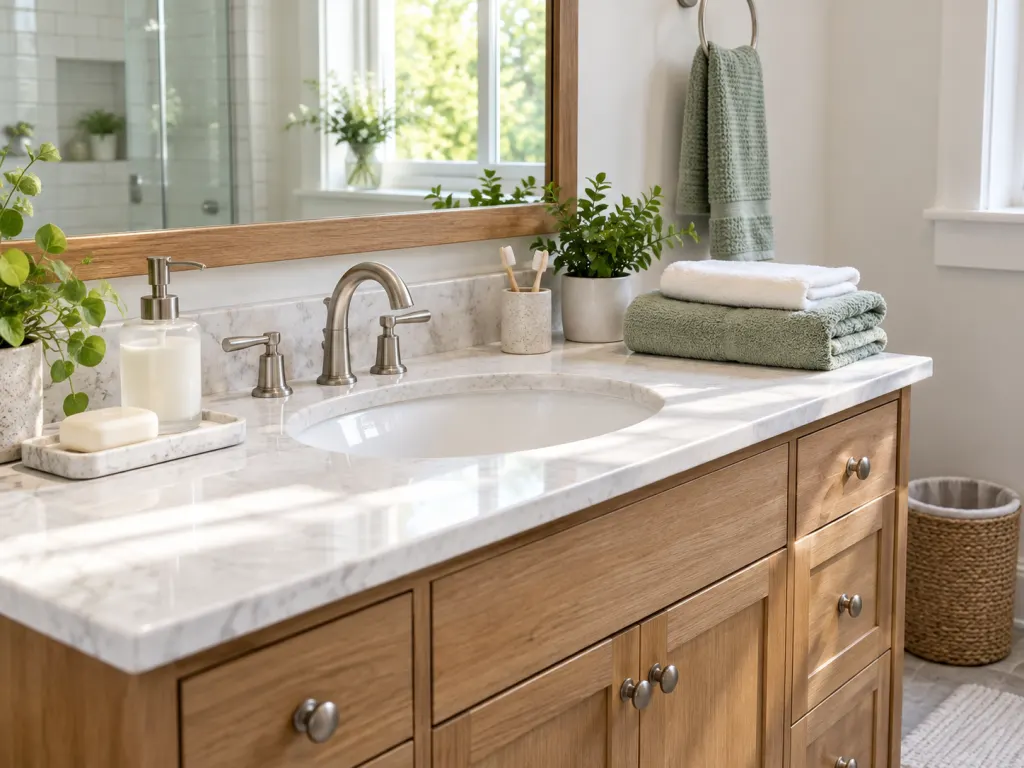 A tidy bathroom sink area with soap, clean towels, and simple supplies.