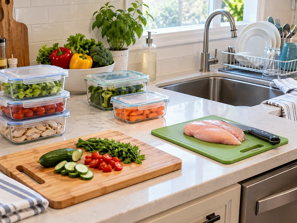 A kitchen counter arranged with clean prep tools, sealed containers, and organized dishes.
